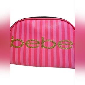 Bebe Gold Logo Pink Striped Cosmetic Case